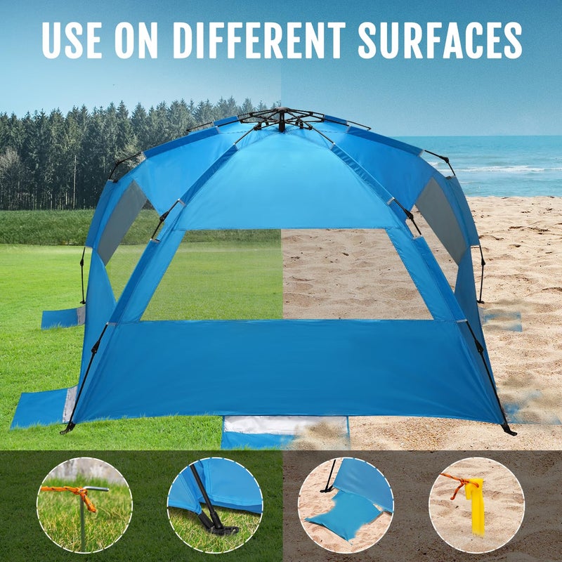 WhiteFang Deluxe XL Pop Up Beach Tent Sun Shade Shelter for 3-4 Person, UV Protection, Extendable Floor with 3 Ventilating Windows Plus Carrying Bag, Stakes, and Guy Lines (Solid Blue) - Image 5